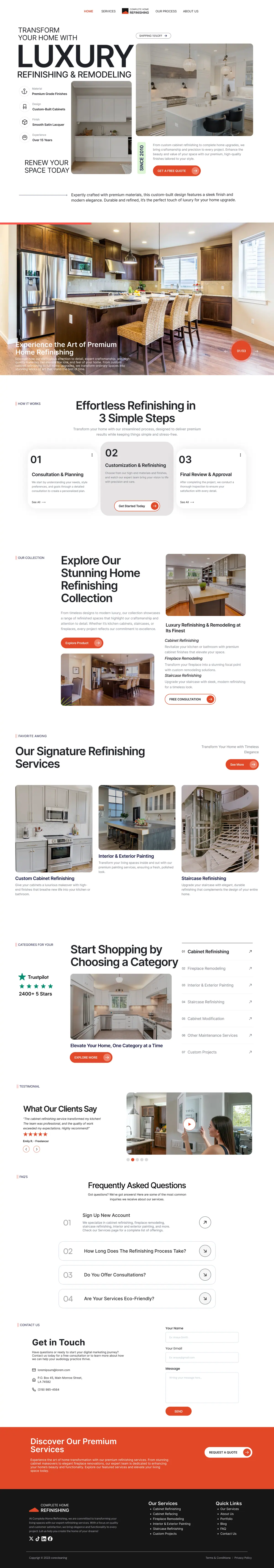 Complete Home Refinishing homepage concept showing home imagery, service sections, a three-step process and quote calls to action