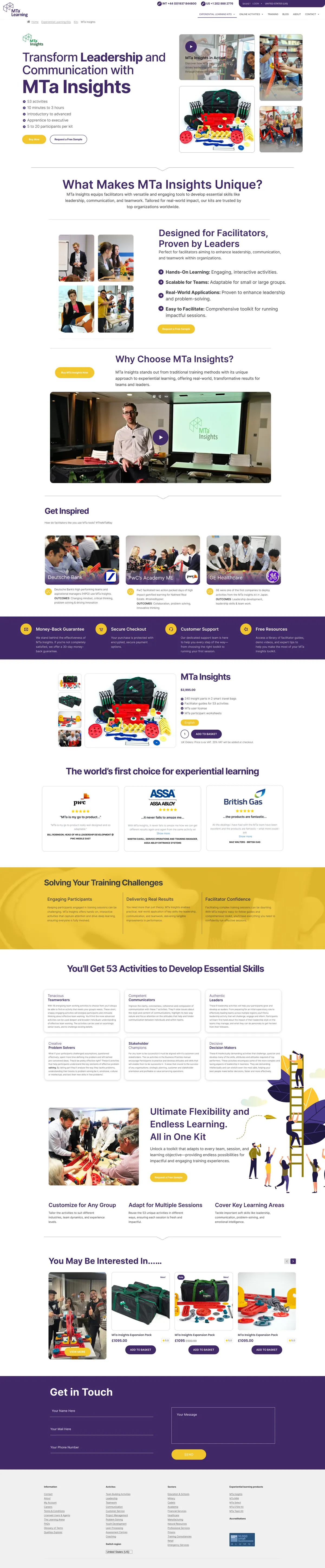 Full-page MTa Learning website redesign showing MTa Insights, learning activities, product information and contact sections