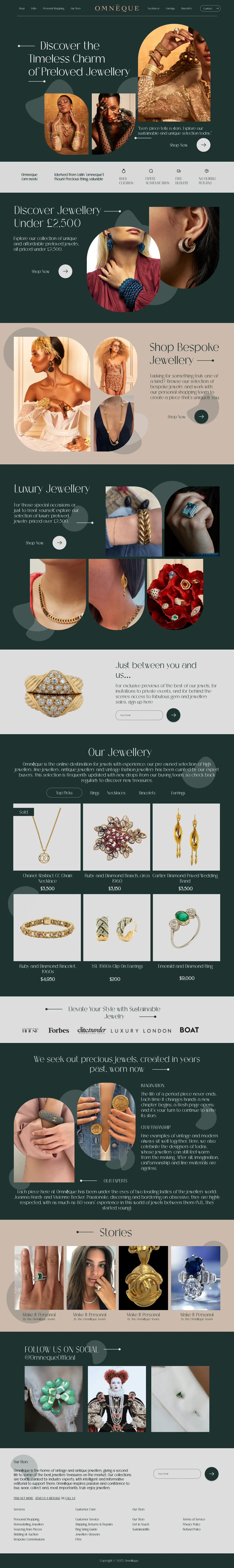 Omnèque Jewellery e-commerce UI concept with editorial jewellery photography, collections, products and story sections