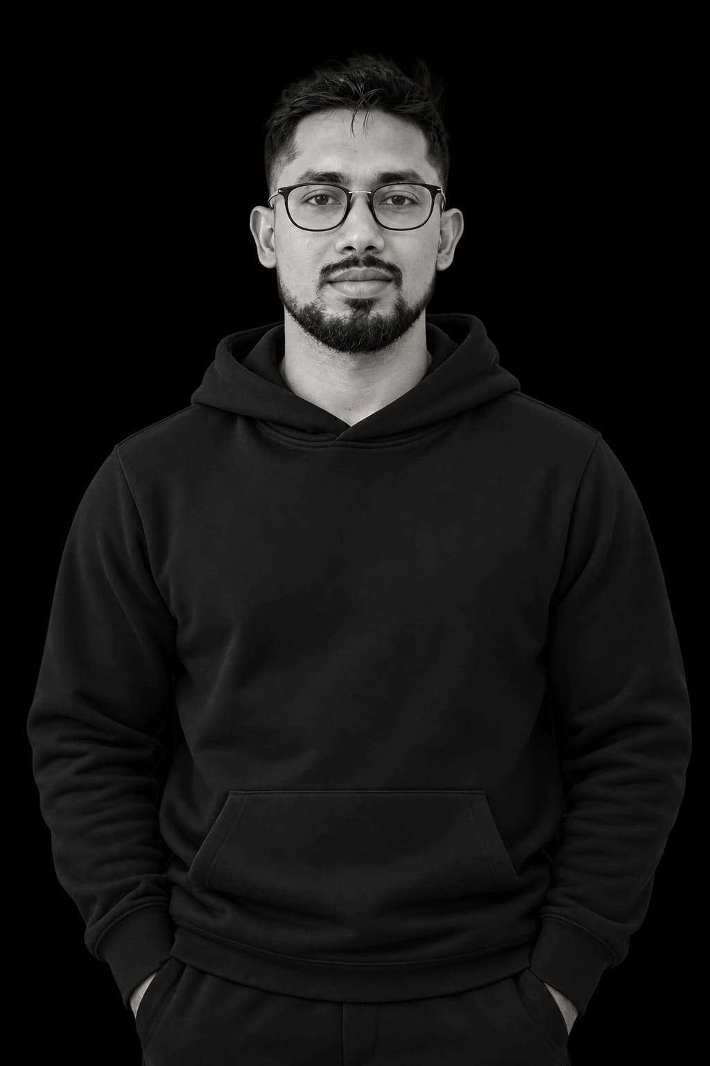 Front-facing black and white portrait of Nuwan Shanaka wearing a black hoodie